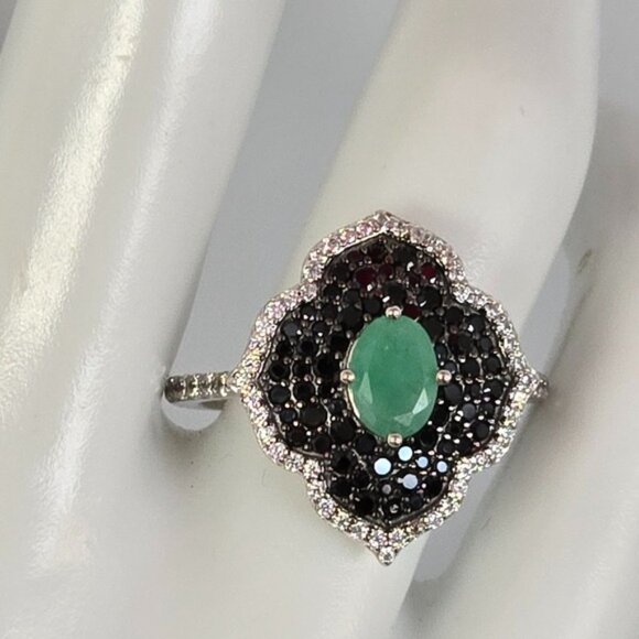 925 Sterling Silver Ring Sz 8 with Natural Emerald 5x7mm & Blk Spinel Gems - Picture 5 of 9